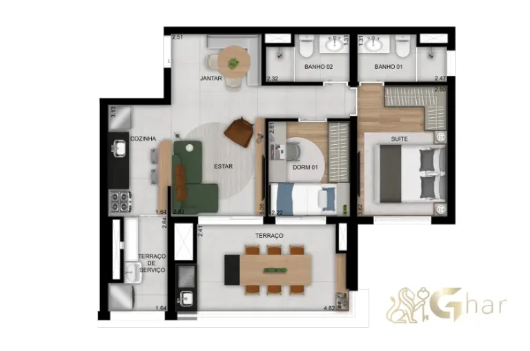 Planta do apartamento de 2 dormitórios com 1 suíte e 67m² no Club Station Parque Vila Ema