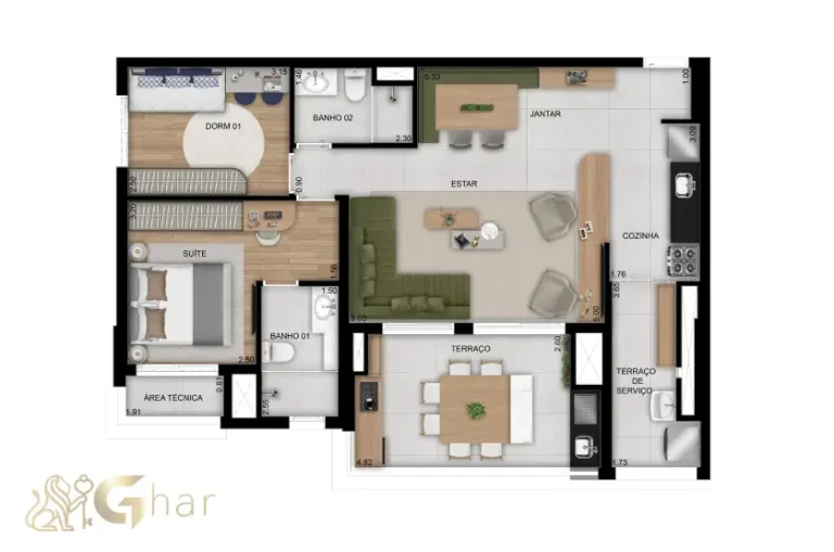 Planta do apartamento de 2 dormitórios com 1 suíte e 88m² no Club Station Parque Vila Ema