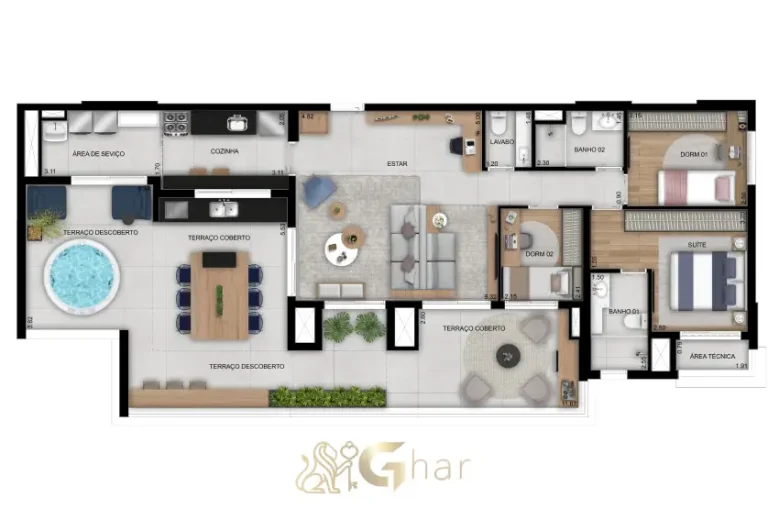 Planta da penthouse de 3 dormitórios com 1 suíte e 128m² no Club Station Parque Vila Ema