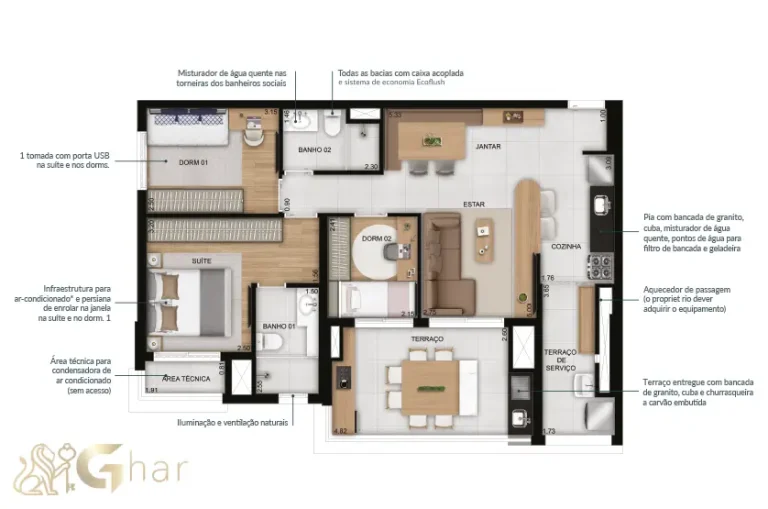 Planta do apartamento de 3 dormitórios com 1 suíte e 88m² no Club Station Parque Vila Ema