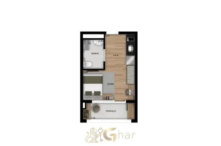 Planta do apartamento studio de 30m² do Club Station Parque Vila Ema