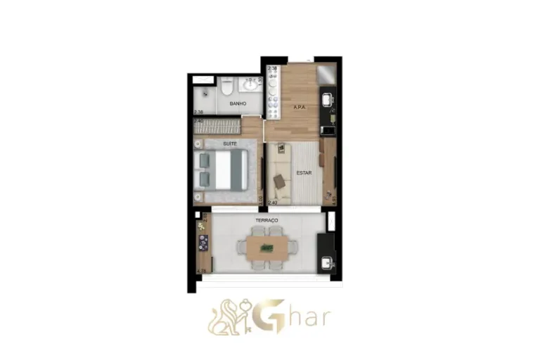 Planta do apartamento studio de 37m² do Club Station Parque Vila Ema