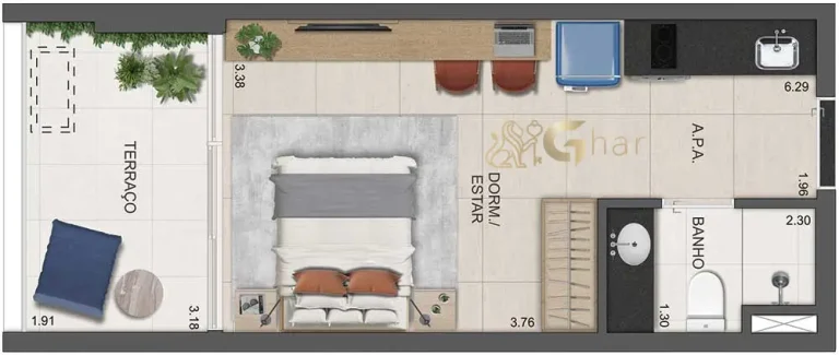 Planta do apartamento studio de 31 m² do Dot. 230 by Triptyque em Pinheiros