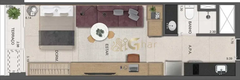 Planta do apartamento studio de 35 m² do Dot. 230 by Triptyque em Pinheiros