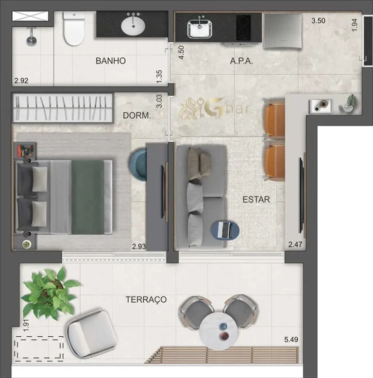 Planta do apartamento de 1 dormitório com 44 m² do Dot. 230 by Triptyque em Pinheiros