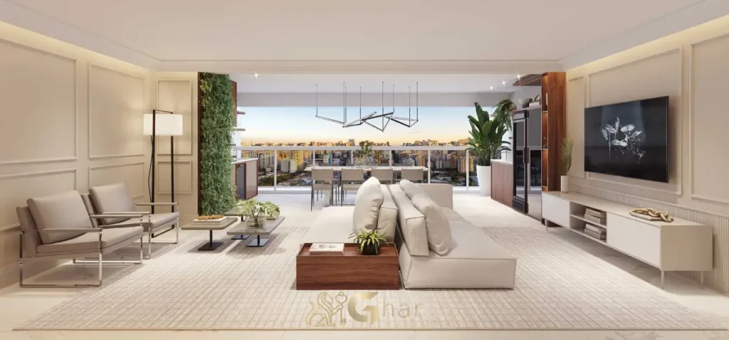Living decorado do East Blue Residences Tatuapé em apartamento de 140 m²