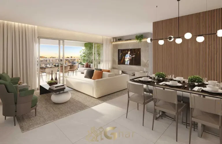 Living e sala de jantar decorados do East Blue Residences Tatuapé em apartamento de 105 m²