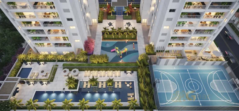Área de lazer do East Blue Residences Tatuapé vista por drone com piscinas, espaços de convivência e paisagismo