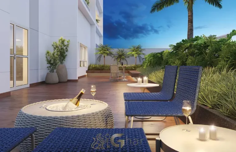 Lounge externo do East Blue Residences Tatuapé com espaço ao ar livre para convivência