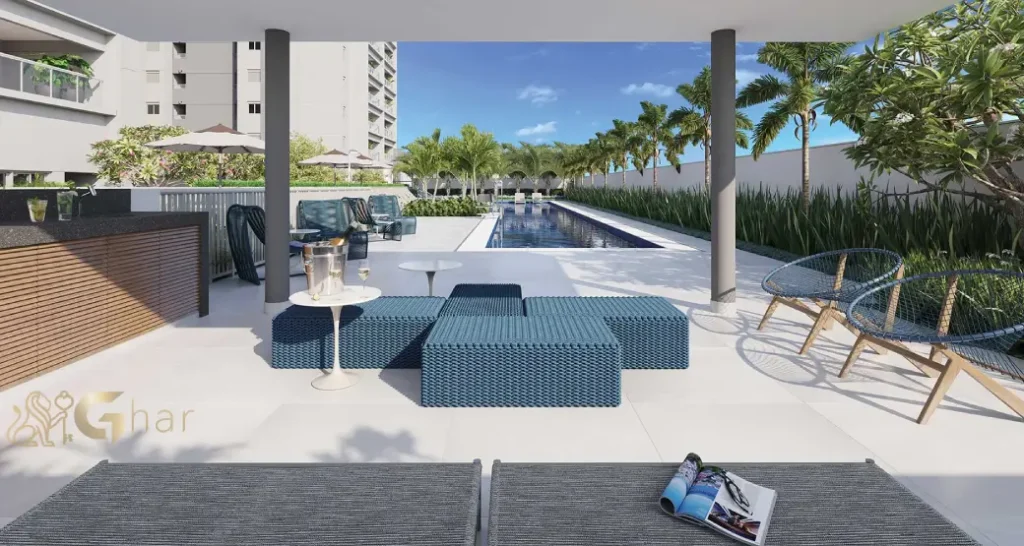 Pool house do East Blue Residences Tatuapé com estrutura de apoio à piscina e área de descanso