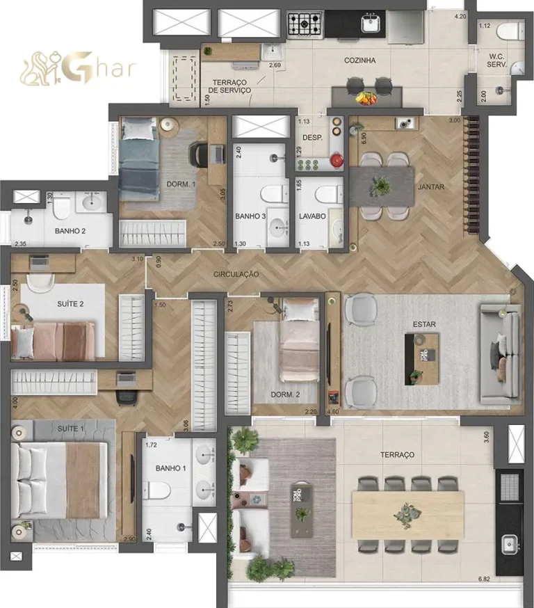 Planta de apartamento 140 m² com 4 dormitórios e 2 suítes no East Blue Residences Tatuapé