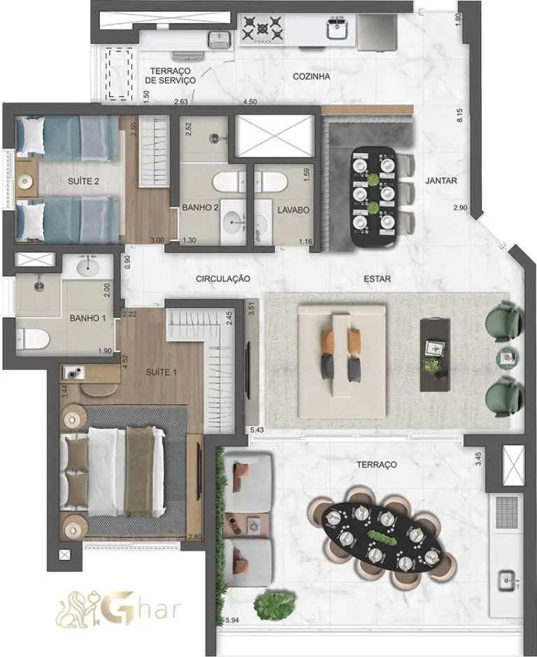 Planta de apartamento 105 m² com 2 suítes e living ampliado no East Blue Residences Tatuapé