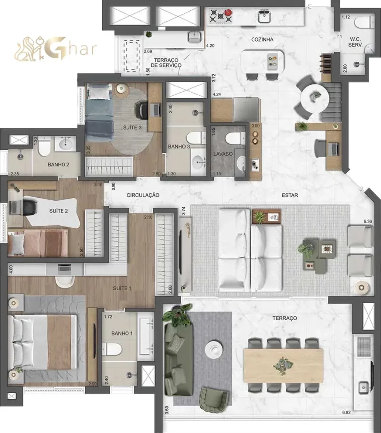 Planta de apartamento 140 m² com 3 suítes e living ampliado no East Blue Residences Tatuapé