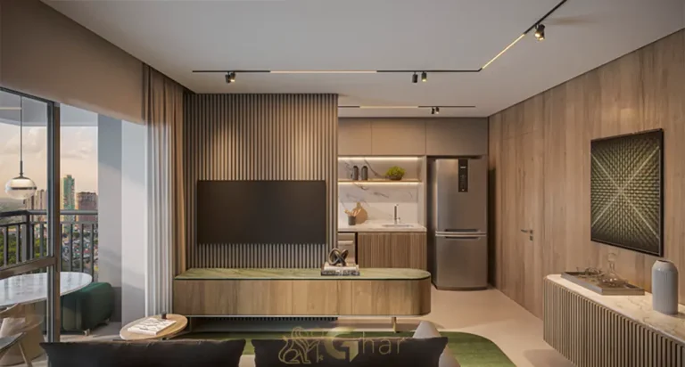 Living do apartamento decorado de 56 m² no Grand Club Home Spaces Alto da Boa Vista