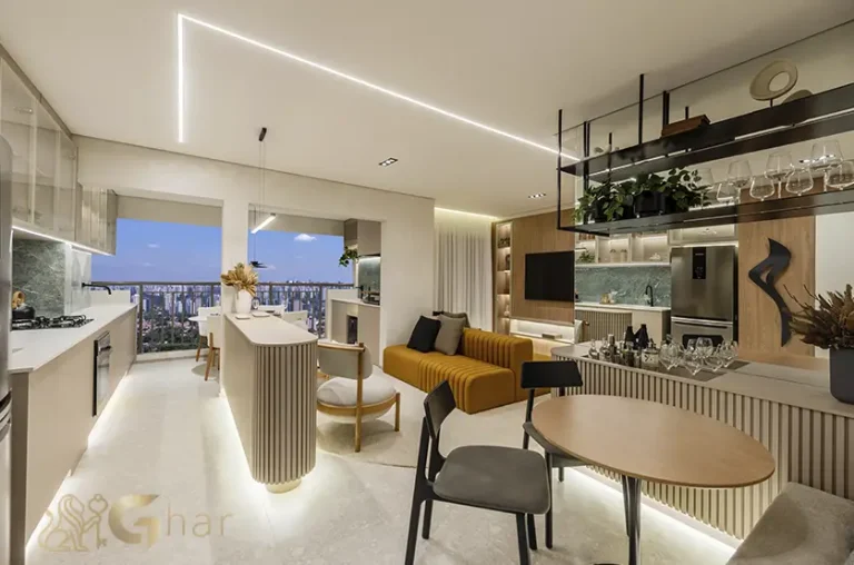 Living integrado do apartamento decorado de 68 m² no Grand Club Home Spaces Alto da Boa Vista