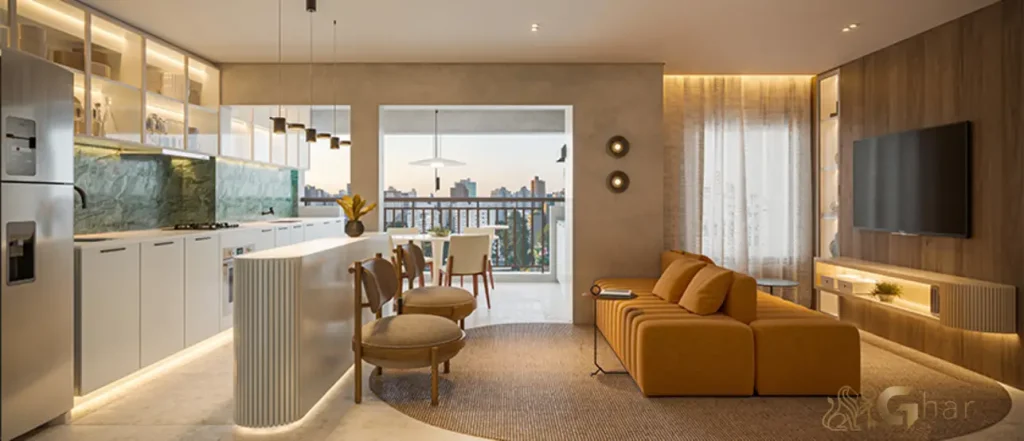 Sala de estar do apartamento decorado de 68 m² no Alto da Boa Vista