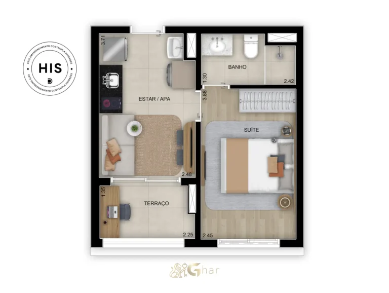 Planta do apartamento de 1 suíte, 27 m², no Grand Club Home Spaces Alto da Boa Vista