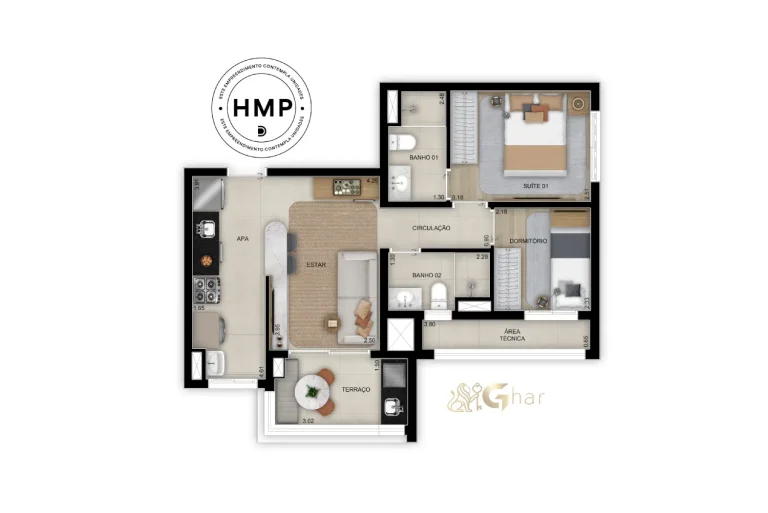 Planta do apartamento de 2 dormitórios com 1 suíte, 57 m², no Grand Club Home Spaces Alto da Boa Vista