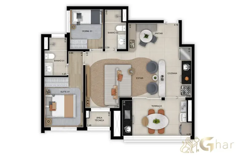 Planta do apartamento de 2 dormitórios com 1 suíte, 68 m², no Grand Club Home Spaces Alto da Boa Vista