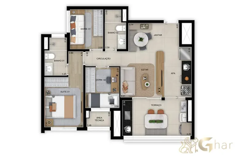Planta do apartamento de 3 dormitórios com 1 suíte, 68 m², no Grand Club Home Spaces Alto da Boa Vista