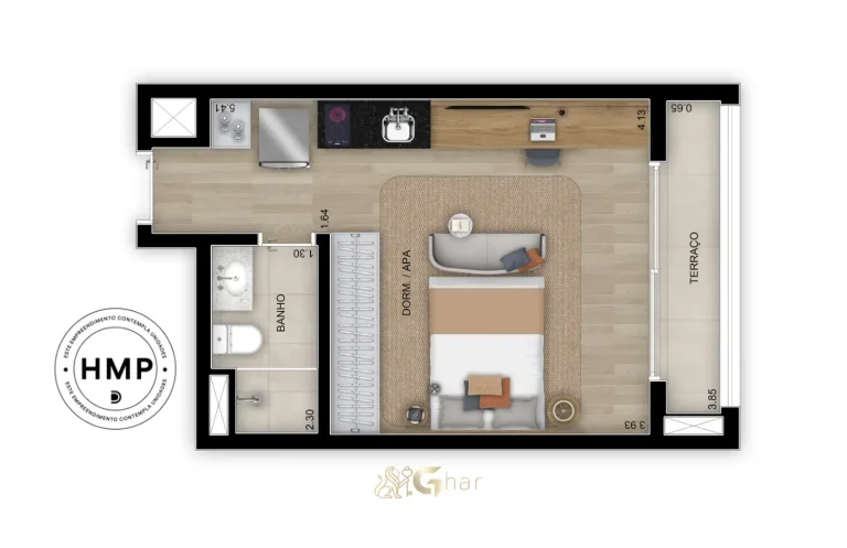 Planta do studio de 30 m² no Grand Club Home Spaces Alto da Boa Vista