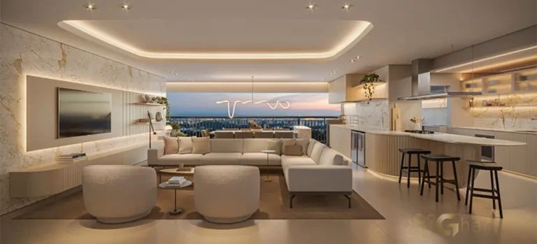 Living do apartamento decorado de 184 m² no Grand High Residences Alto da Boa Vista com conceito aberto