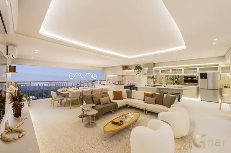 Living do apartamento decorado de 184 m² no Grand High Residences Alto da Boa Vista com iluminação natural