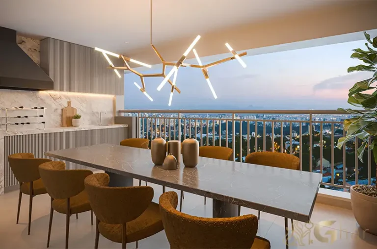Terraço do apartamento decorado de 97 m² no Grand High Residences Alto da Boa Vista, com integração à área social, valorizando iluminação natural e conforto em um projeto de alto padrão.