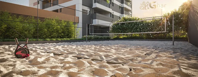Quadra de beach tennis do Grand High Residences Alto da Boa Vista em condomínio clube