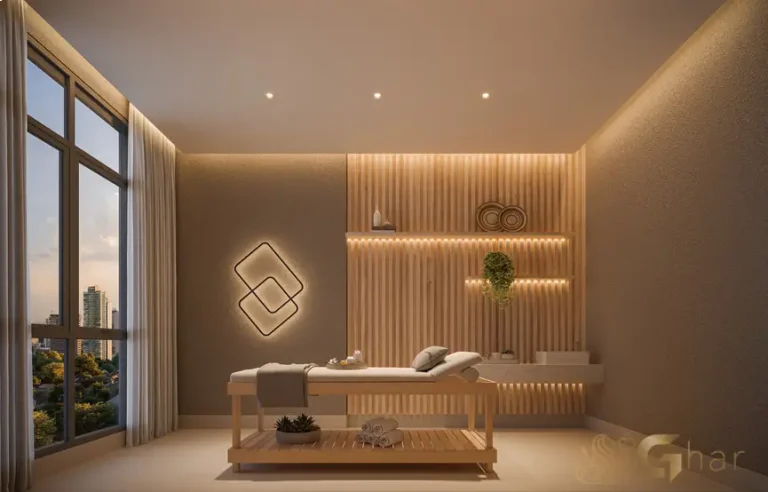 Sala de massagem do Grand High Residences Alto da Boa Vista voltada ao bem-estar dos moradores