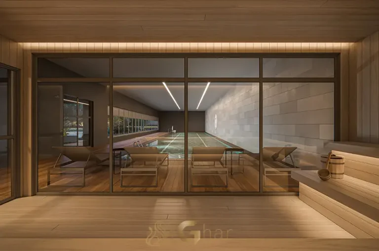 Sauna do condomínio Grand High Residences Alto da Boa Vista com ambiente de relaxamento e bem-estar