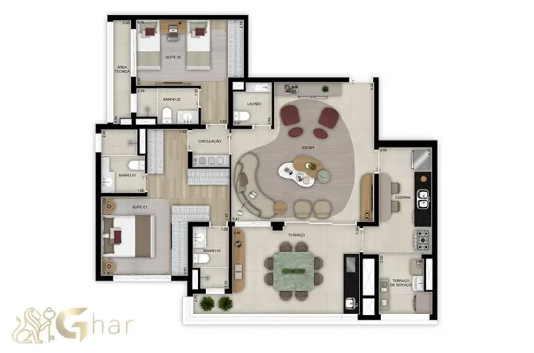 Planta do apartamento de 120 m² com 2 suítes e lavabo no Grand High Residences Alto da Boa Vista