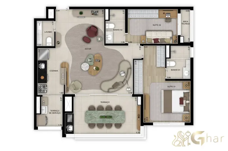 Planta do apartamento de 97 m² com 2 suítes e lavabo no Grand High Residences Alto da Boa Vista