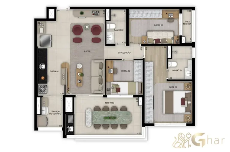 Planta do apartamento de 97 m² com 3 dormitórios e 1 suíte no Grand High Residences Alto da Boa Vista