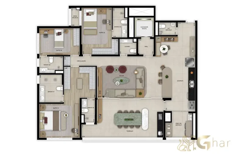 Planta do apartamento de 184 m² com 3 suítes no Grand High Residences Alto da Boa Vista