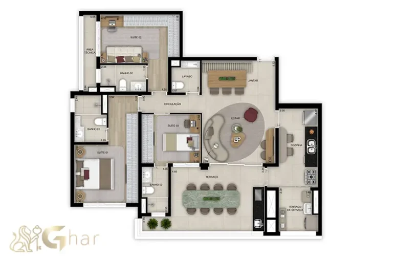 Planta do apartamento de 120 m² com 3 suítes e lavabo no Grand High Residences Alto da Boa Vista