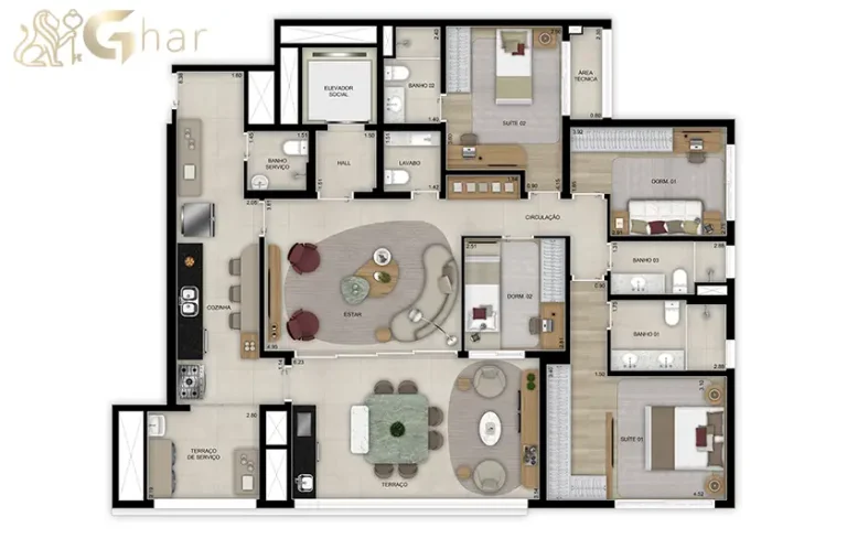 Planta do apartamento de 159 m² com 4 dormitórios e 2 suítes no Grand High Residences Alto da Boa Vista
