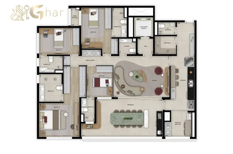 Planta do apartamento de 184 m² com 4 suítes e lavabo no Grand High Residences Alto da Boa Vista