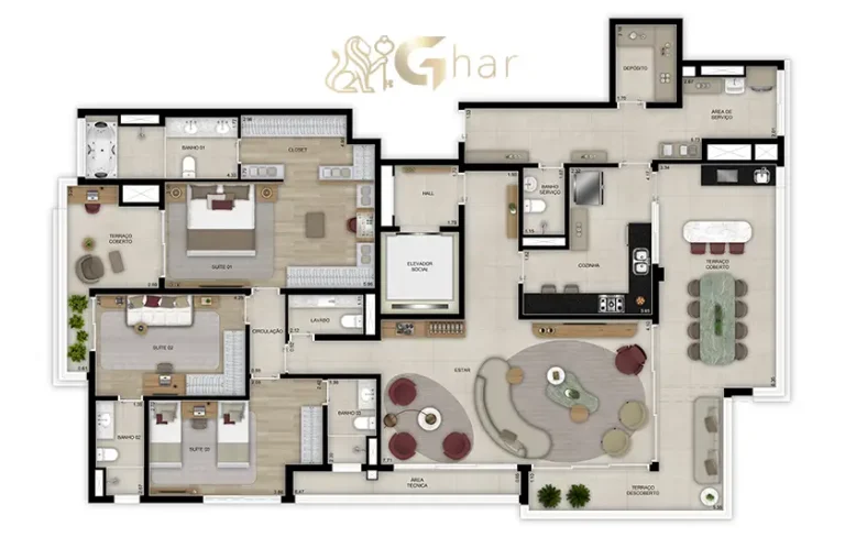 Planta do penthouse de 221 m² com 3 suítes no Grand High Residences Alto da Boa Vista