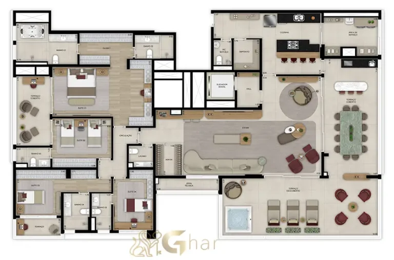Planta do penthouse de 340 m² com 4 suítes no Grand High Residences Alto da Boa Vista