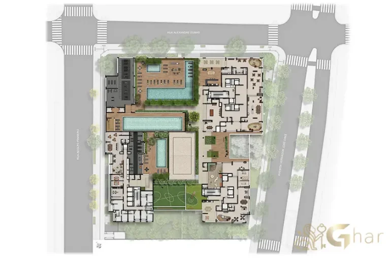 Planta de implantação do térreo do condomínio Grand High Residences Alto da Boa Vista