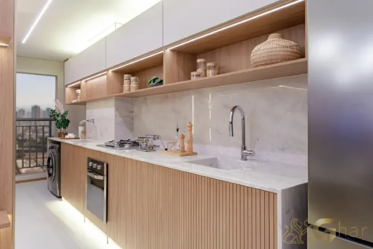 Cozinha do apartamento decorado High Line Tatuapé com 110 m² integrada ao living