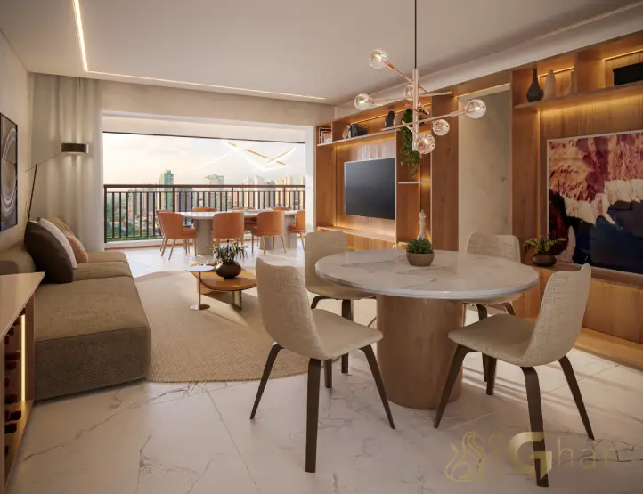 Living do apartamento decorado High Line Tatuapé com 110 m² integrado à sala de jantar