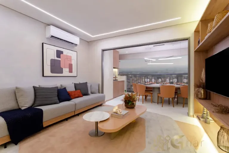 Vista do living do apartamento decorado High Line Tatuapé de 110 m²