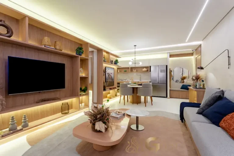 Living amplo do apartamento decorado High Line Tatuapé com 110 m²