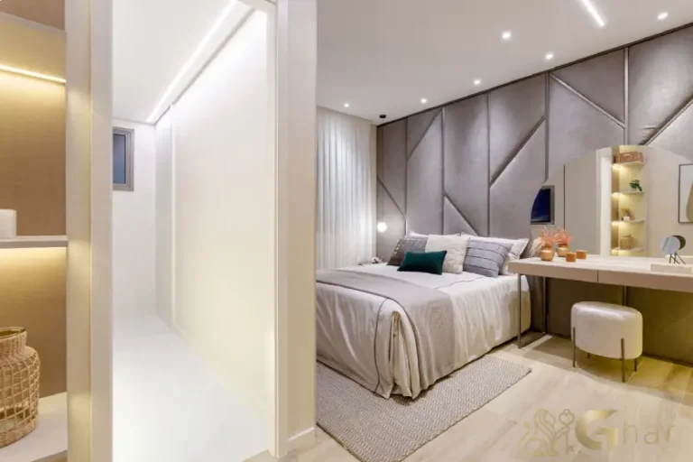 Suíte master do apartamento decorado High Line Tatuapé com 110 m²