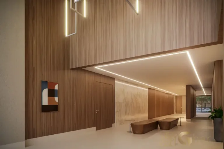 Lobby com pé-direito duplo do condomínio High Line Tatuapé