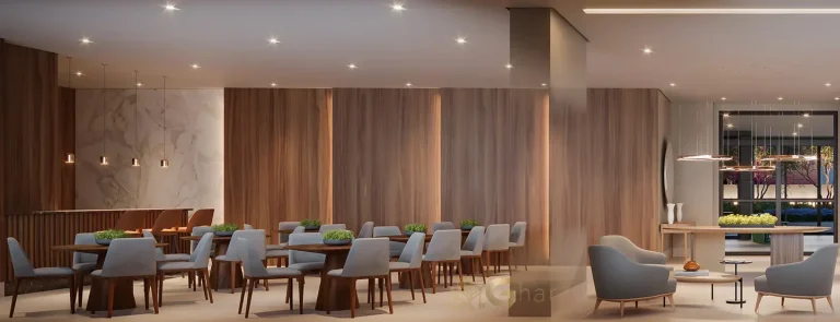 Detalhe do salão de festas do High Line Tatuapé com design contemporâneo