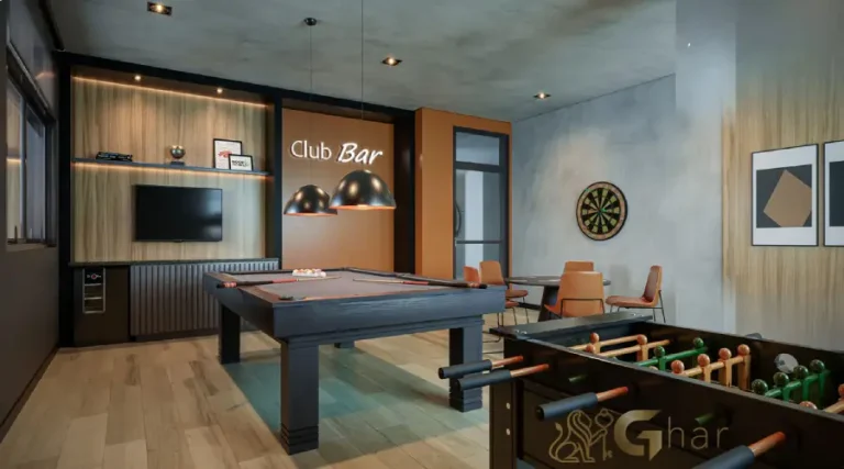 Salão de jogos do condomínio High Line Tatuapé com ambiente moderno e área de lazer completa