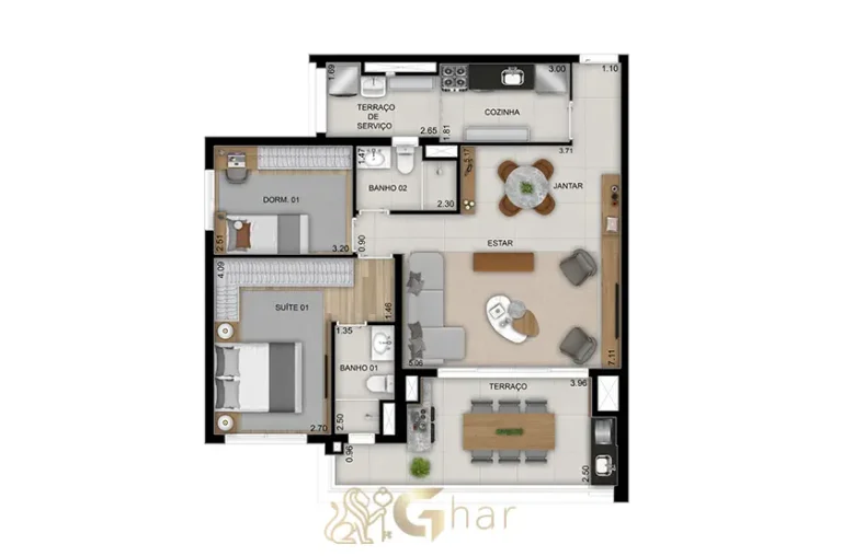 Planta do apartamento de 91 m² com 2 dormitórios e 1 suíte no High Line Tatuapé